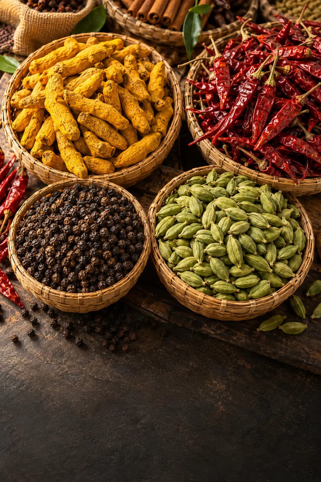 Handpicked turmeric, chillies, cardamom and black pepper in woven baskets