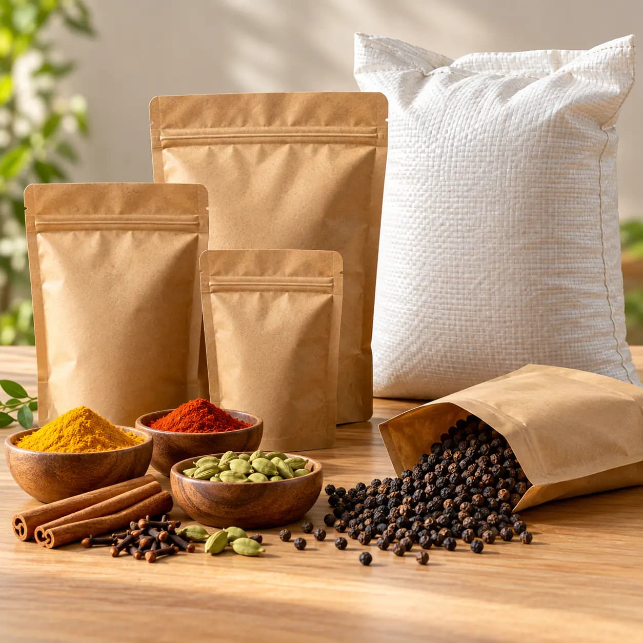 Kraft stand-up pouches and a woven polypropylene bulk sack