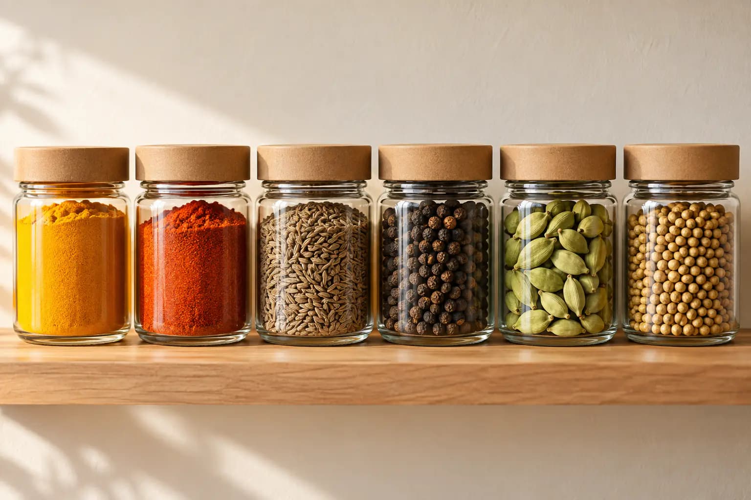Glass jars of turmeric, chilli, cumin, pepper, cardamom and coriander