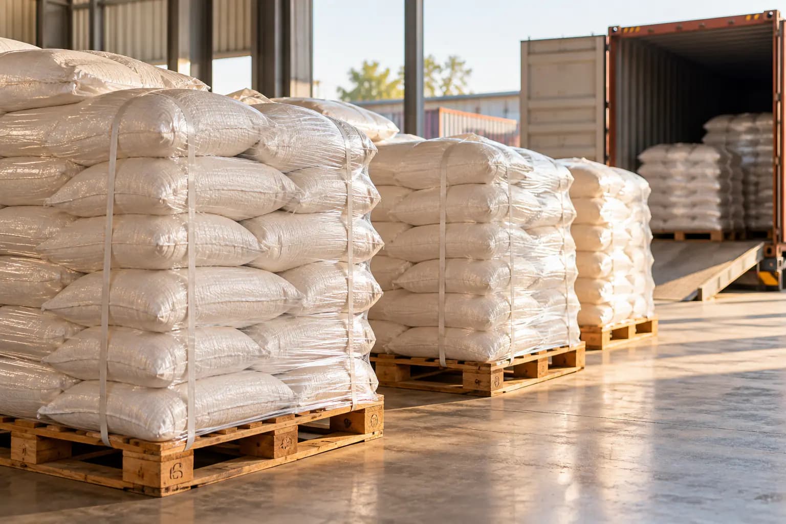 Stretch-wrapped pallets of spice sacks ready for container loading