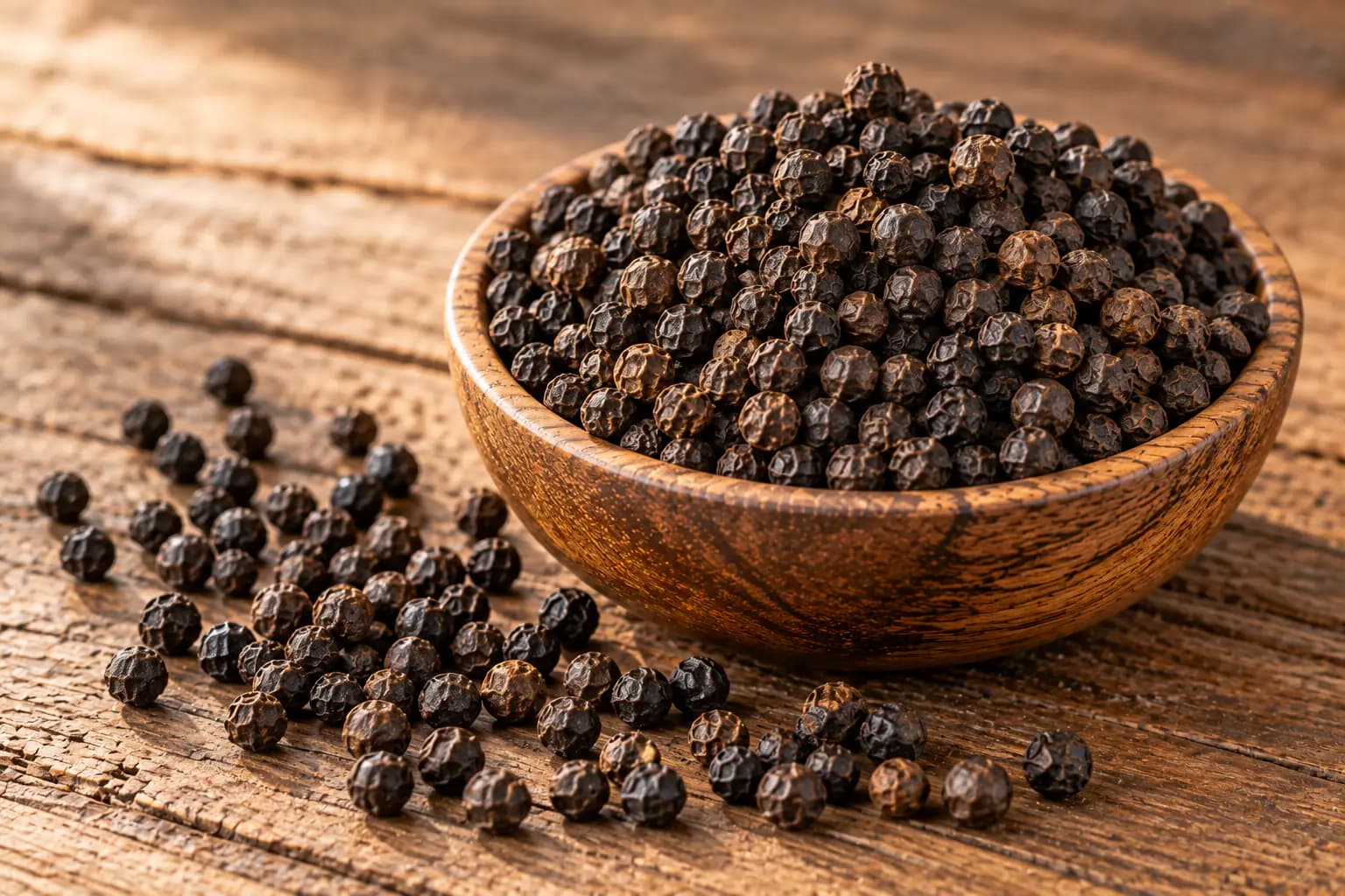 Black peppercorns in a wooden bowl