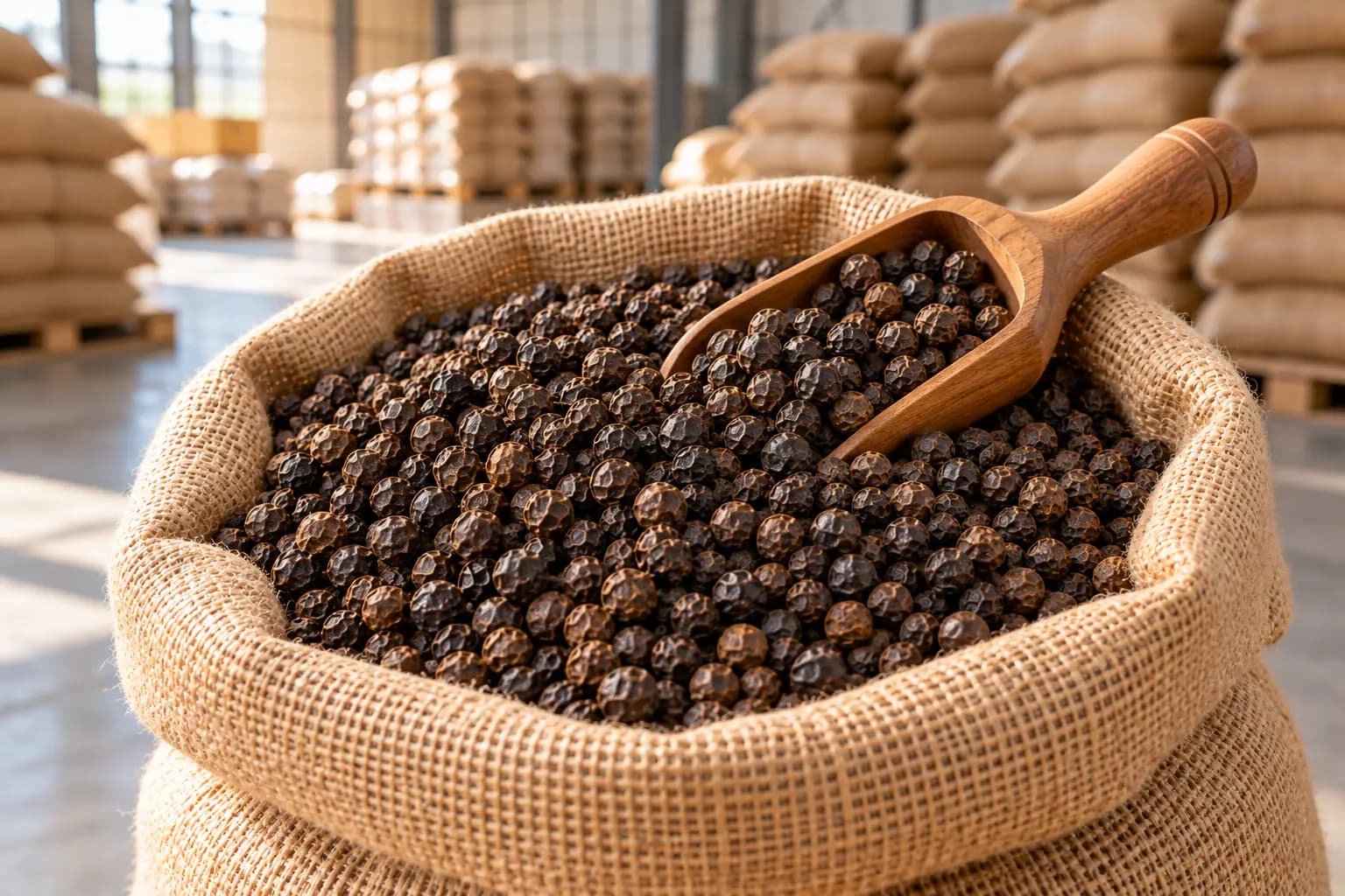 Open jute sack of black peppercorns ready for export
