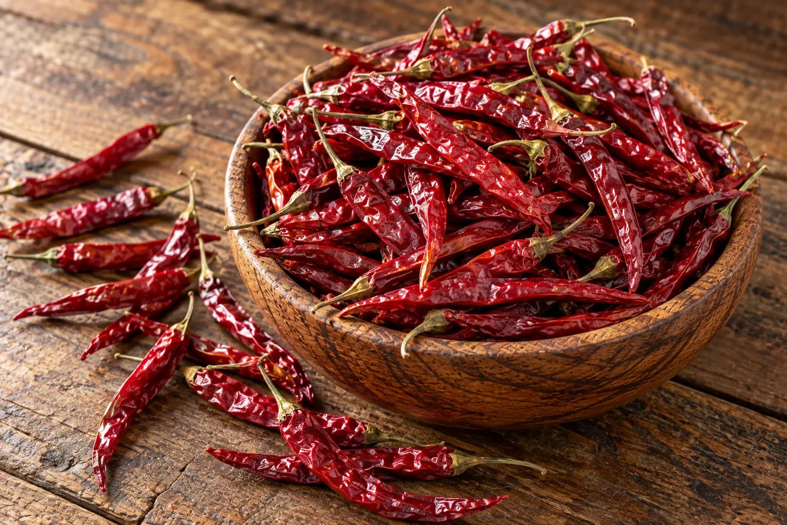 Dried red chillies in a wooden bowl