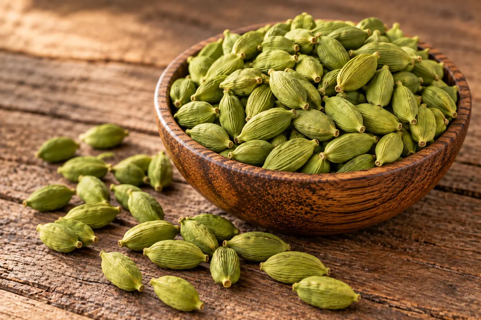 Green cardamom pods in a wooden bowl