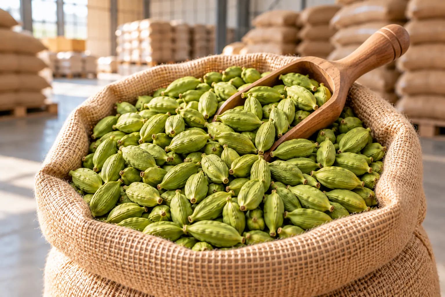 Open jute sack of green cardamom ready for export